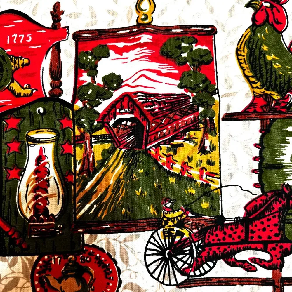 Vintage 1977 linen kitchen tea towel calendar dish cloth olive green deep red